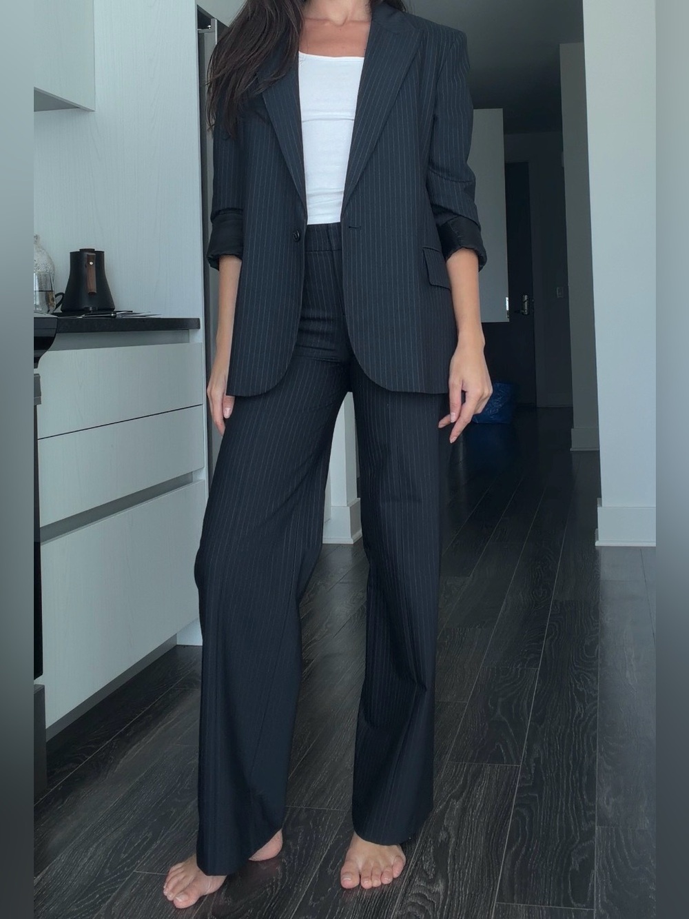 ba&sh Navy Pinstripe Wide-Leg Trousers